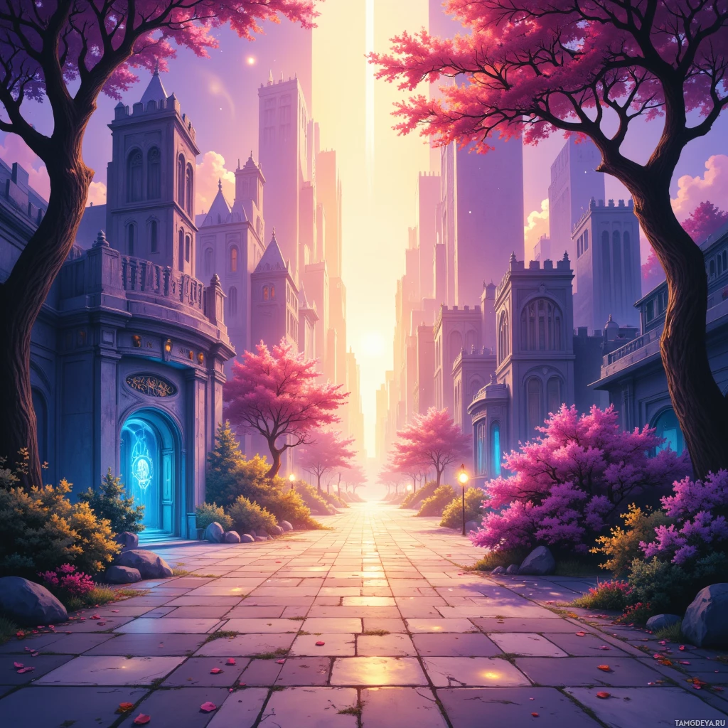 A vibrant cityscape with pink blossoms and glowing blue doorways bathed in golden sunlight.