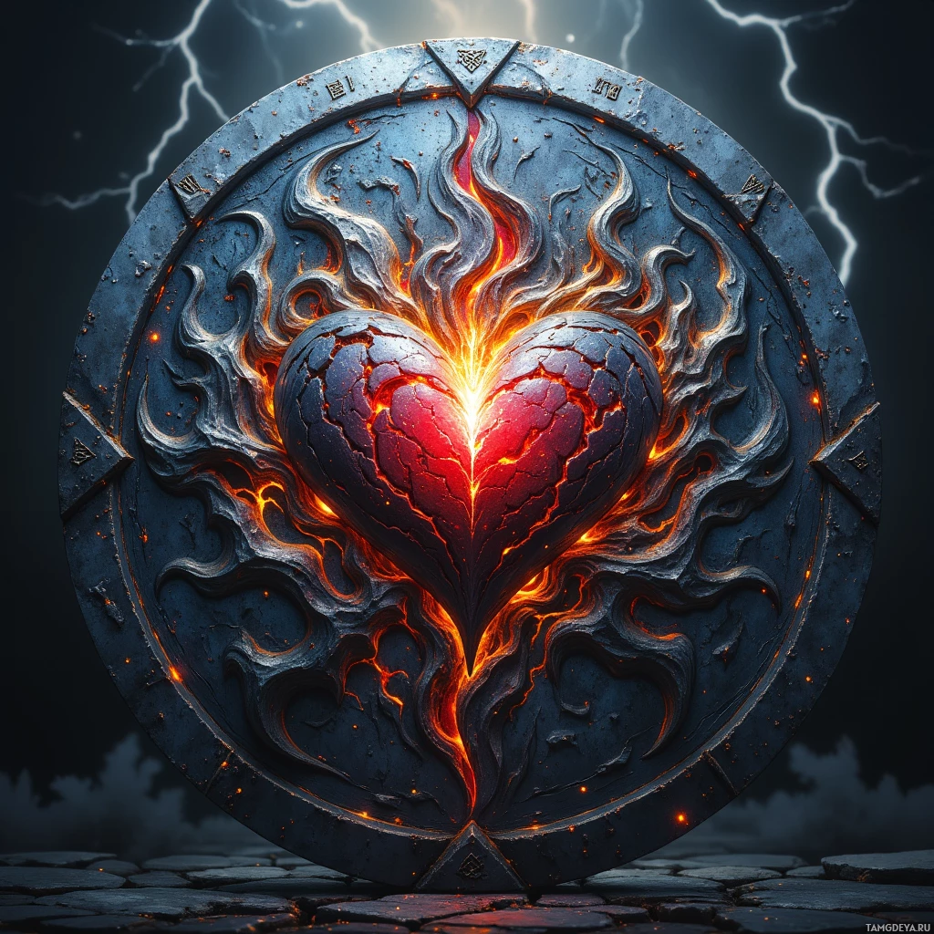 A fiery heart emblem with swirling flames and a dark, textured background.