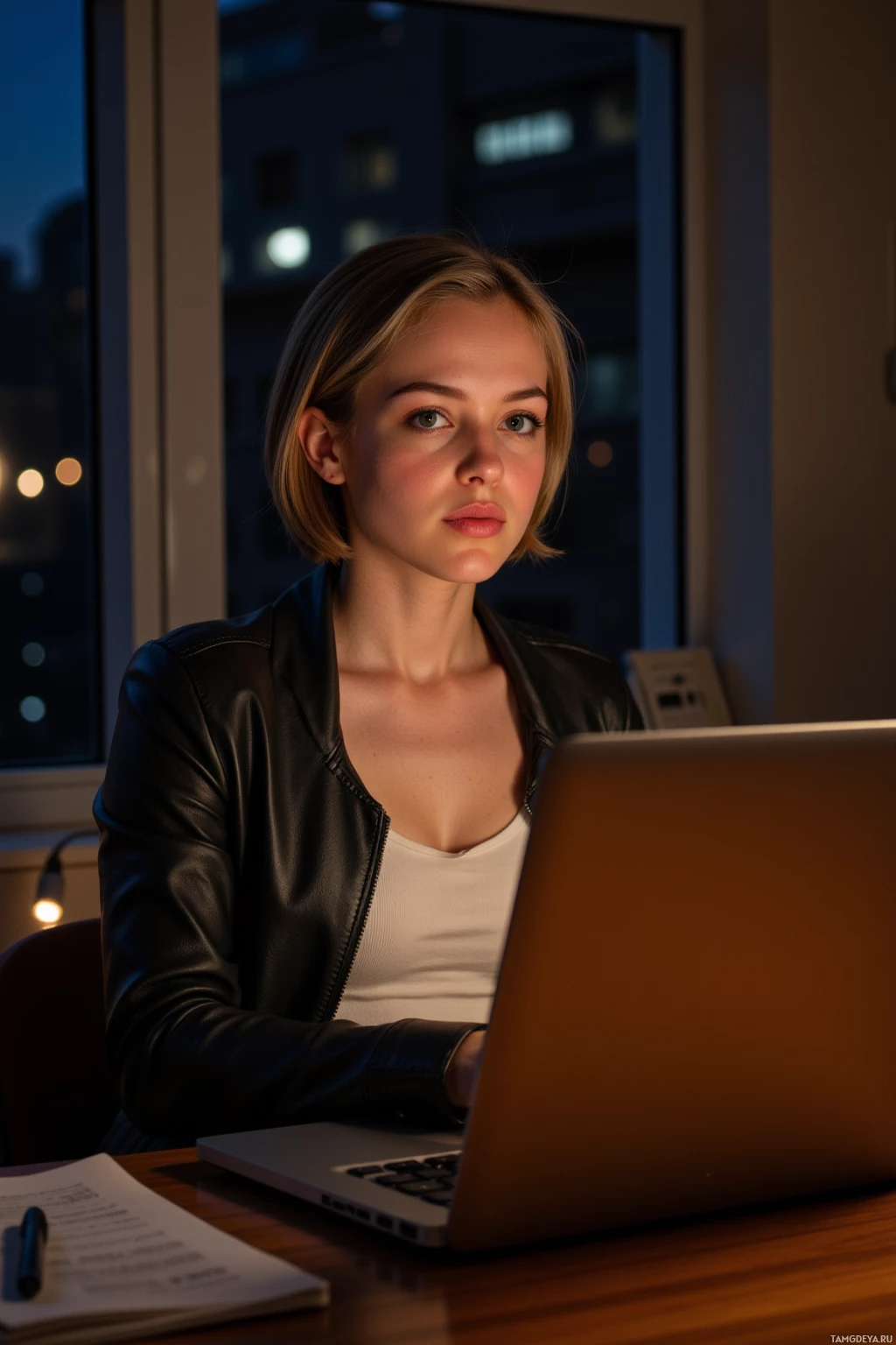 A person wearing a black leather jacket sits at a desk with a laptop, illuminated by a warm light.