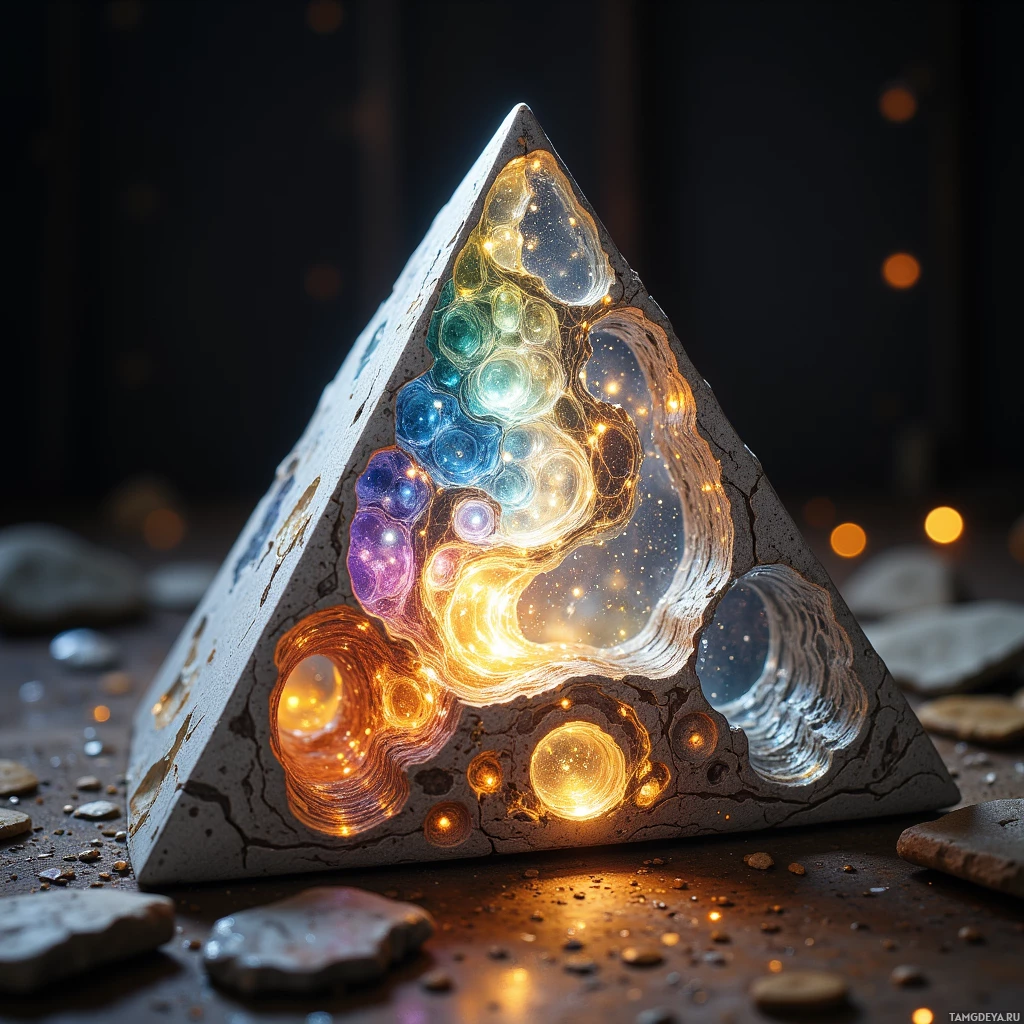 A glowing pyramid with colorful, translucent swirls and embedded lights sits on a dark surface.