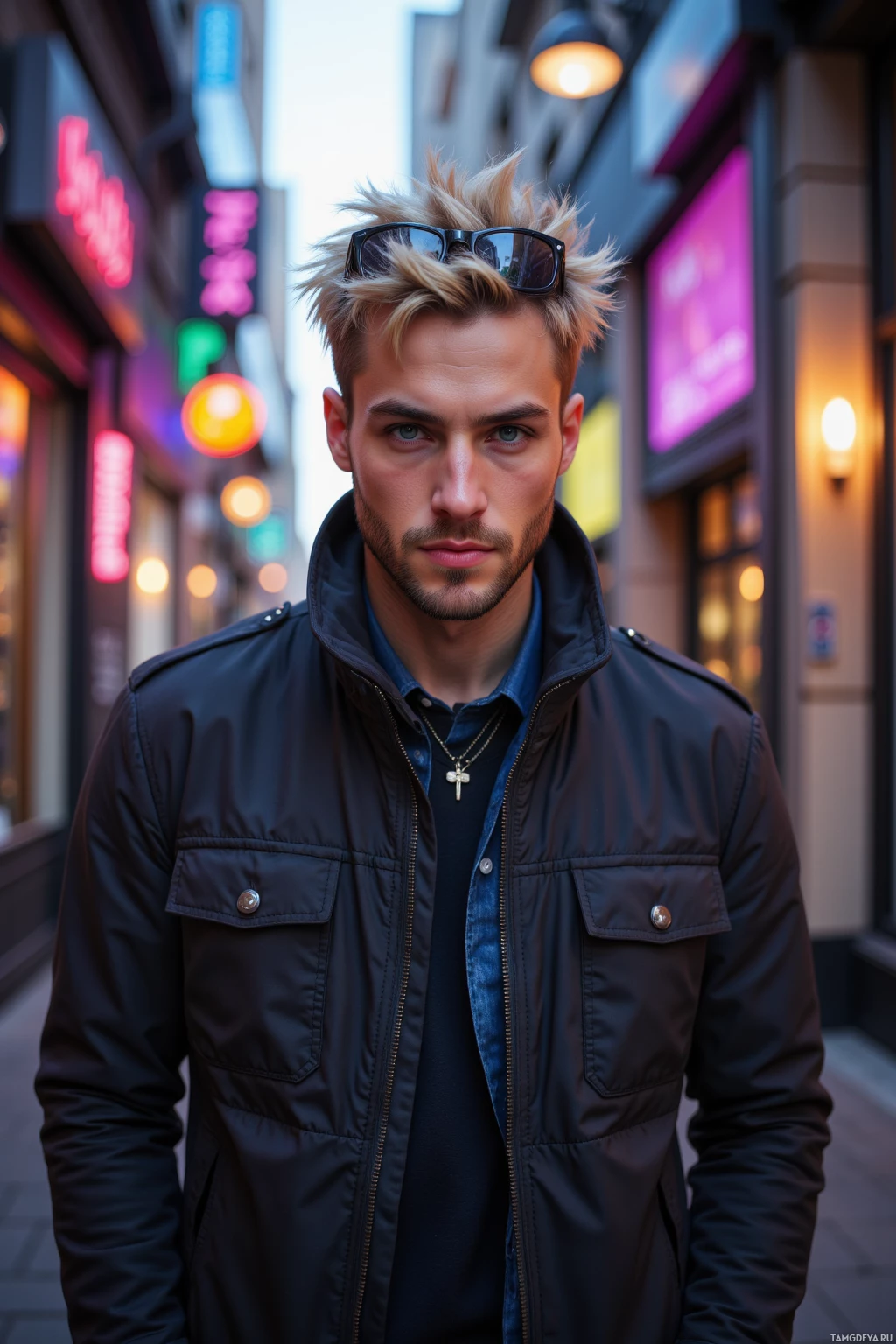 A person with blonde hair and sunglasses on their head stands in a street with colorful neon lights.