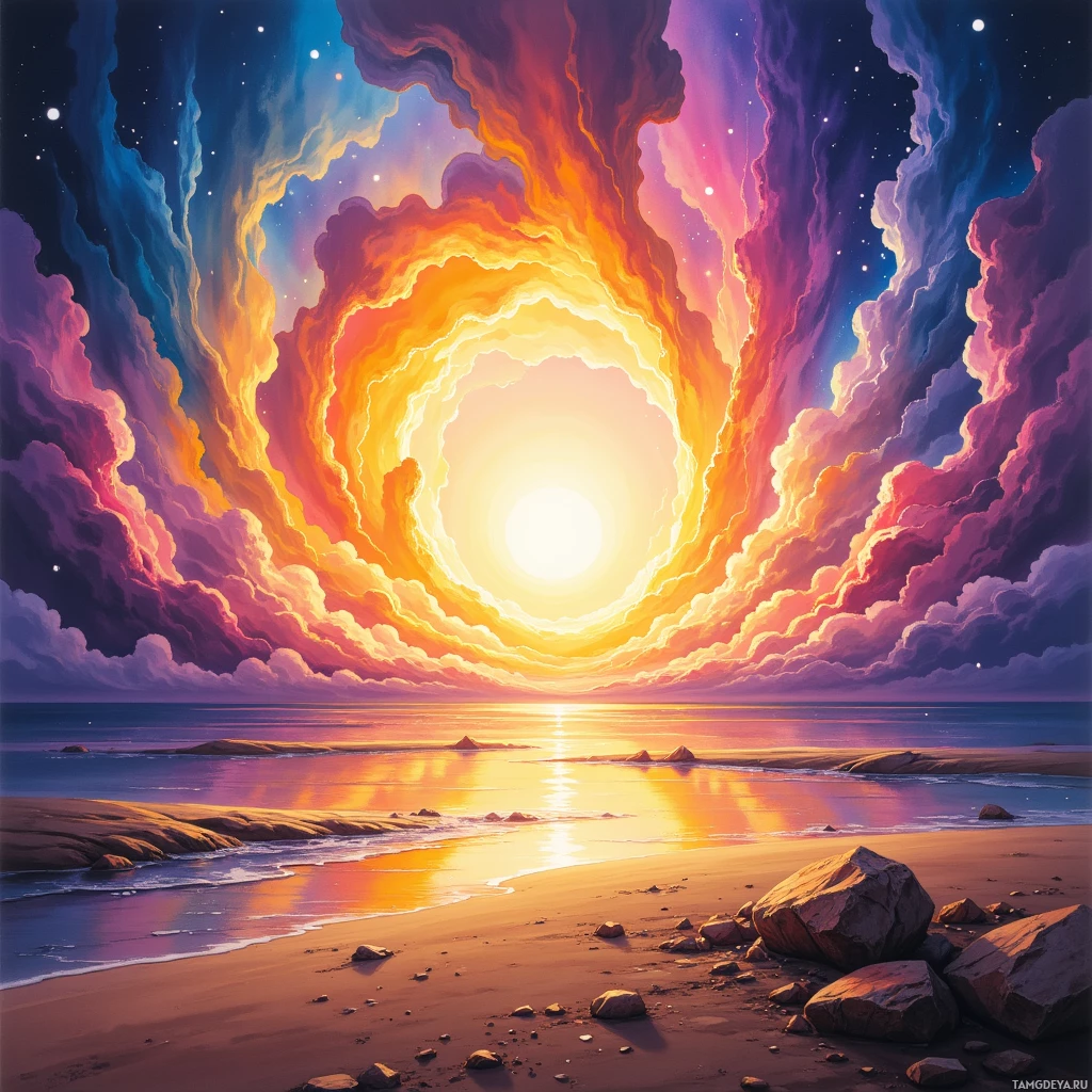 A vibrant sunset over a serene beach with a colorful sky and calm ocean waves.