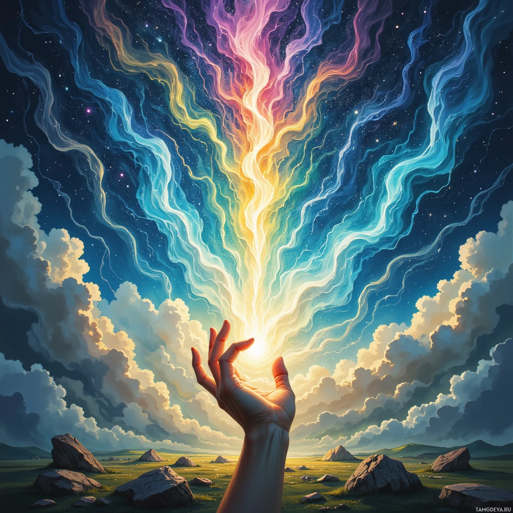 A hand reaches upward towards a radiant, colorful light in a serene landscape under a starry sky.