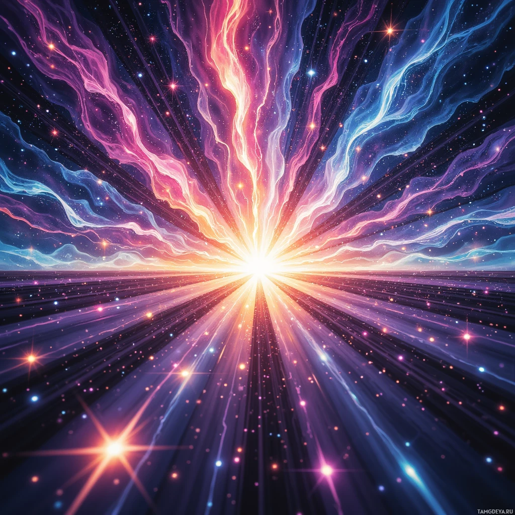 A vibrant cosmic scene with radiant light beams and swirling nebulae.