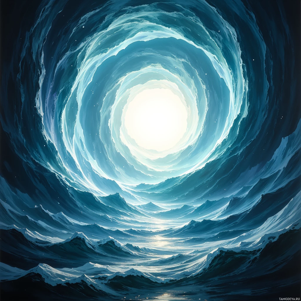 A swirling vortex of ocean waves leading to a bright light at its center.