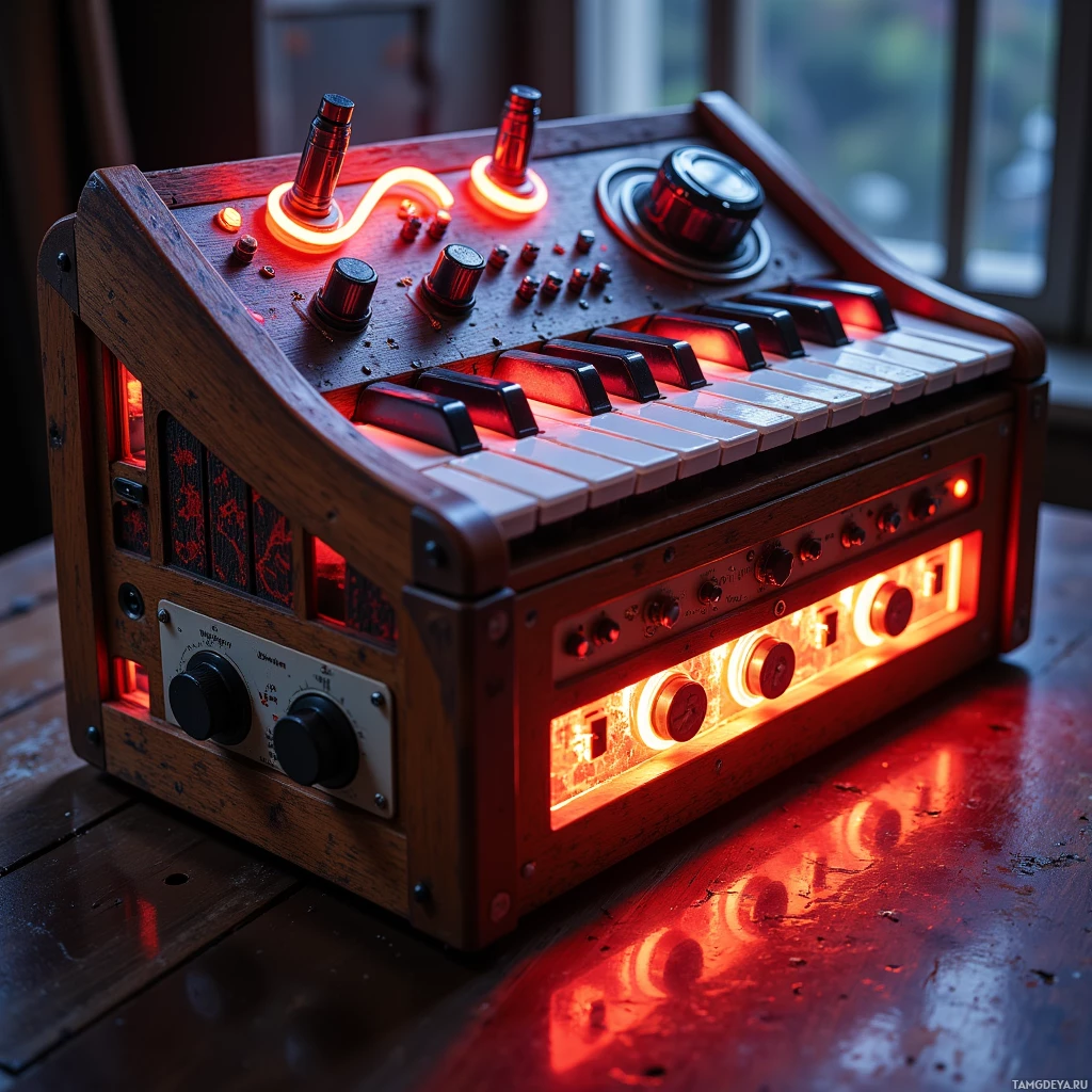 A vintage-style keyboard instrument with illuminated red lights and various knobs and buttons.