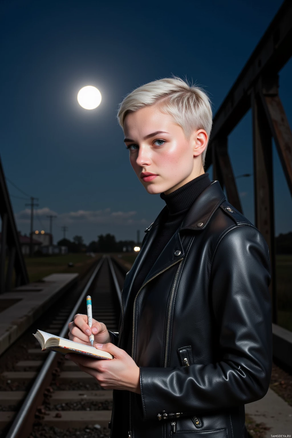 A person in a black leather jacket writes in a notebook under a bright moonlight on a railway bridge.