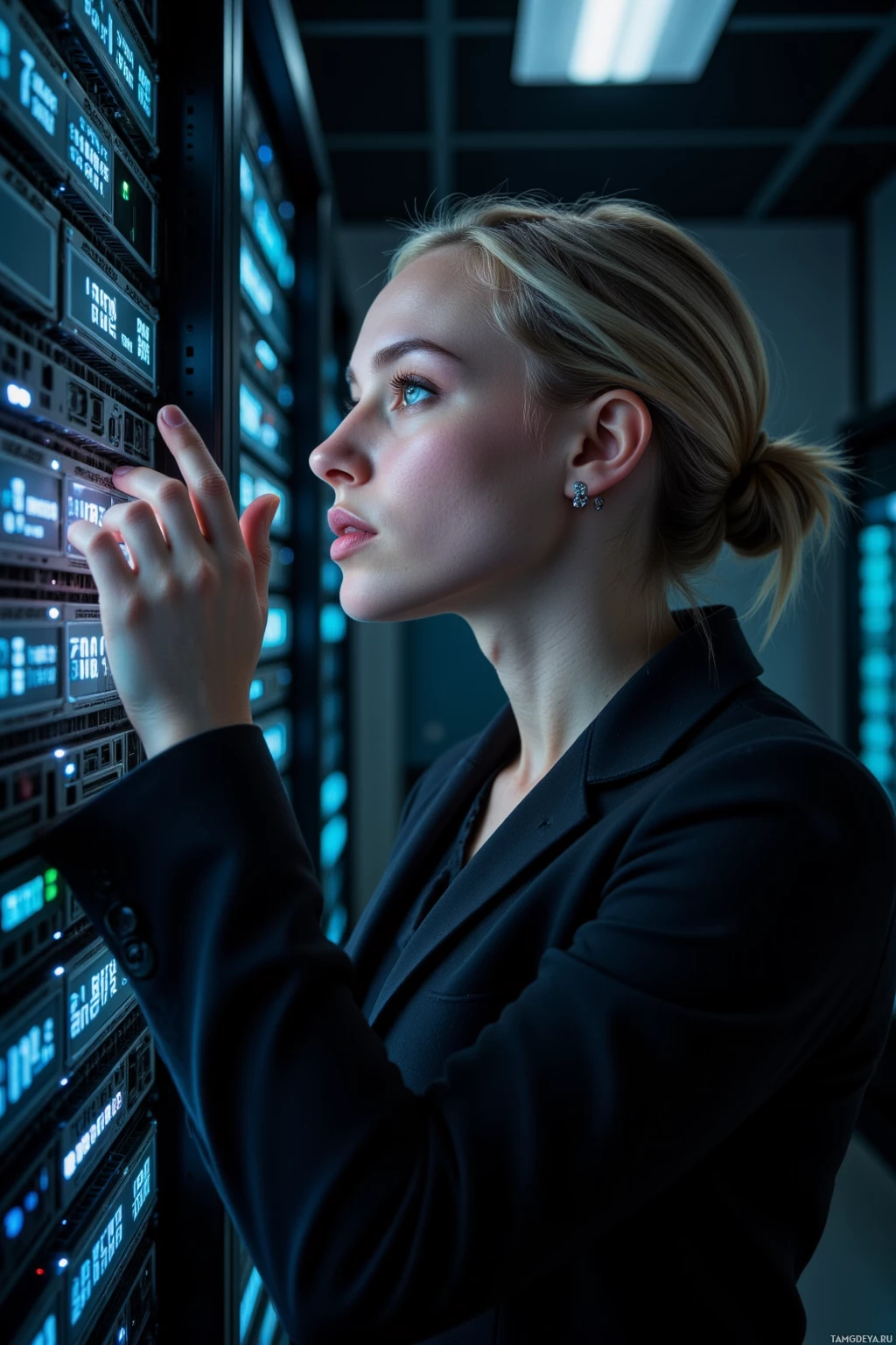 A woman in a black blazer is interacting with a server rack in a dimly lit room.