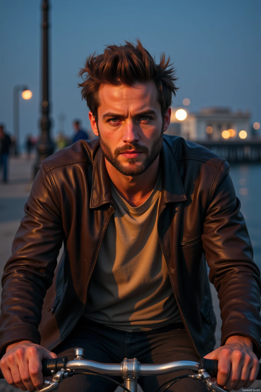 A man wearing a leather jacket and riding a bicycle at dusk near a waterfront with lights in the background.