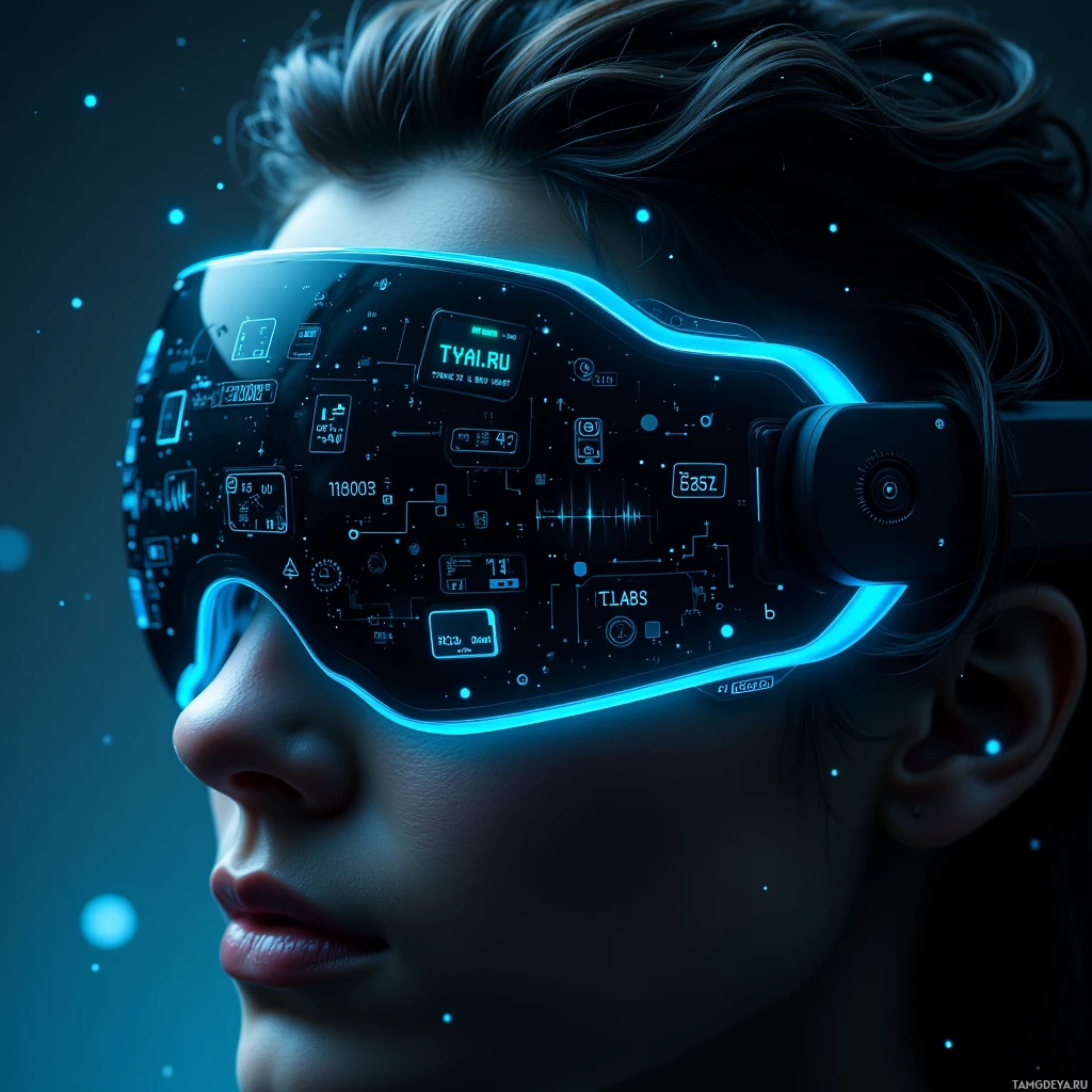 A person wearing futuristic, glowing blue VR goggles with digital displays and circuitry.