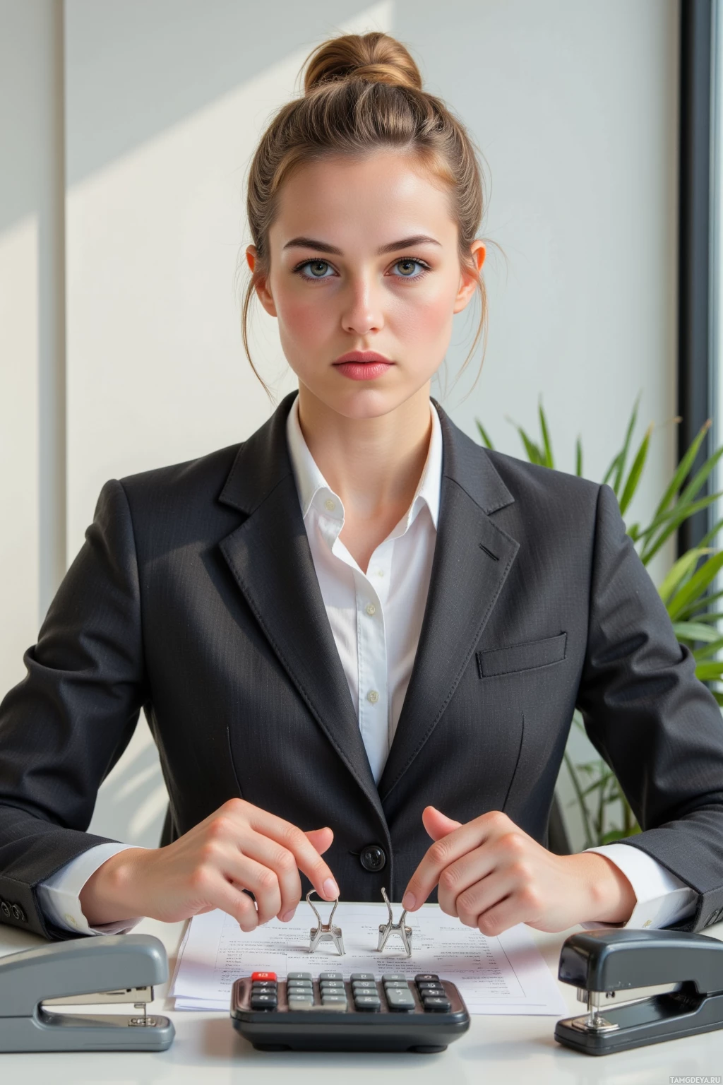A woman in a business suit is seated at a desk with documents and office supplies.