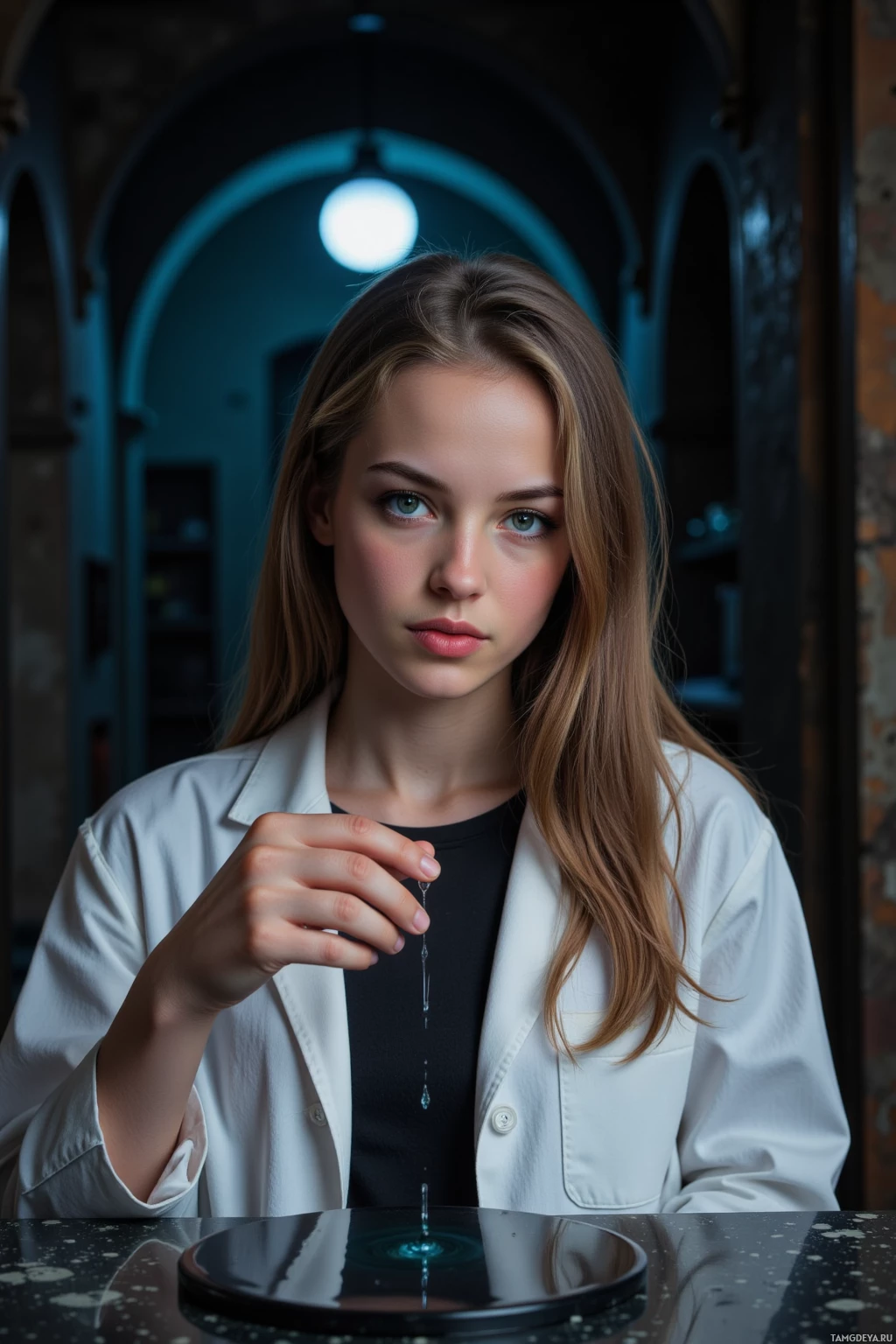 A person in a white lab coat is holding a droplet above a dark surface.