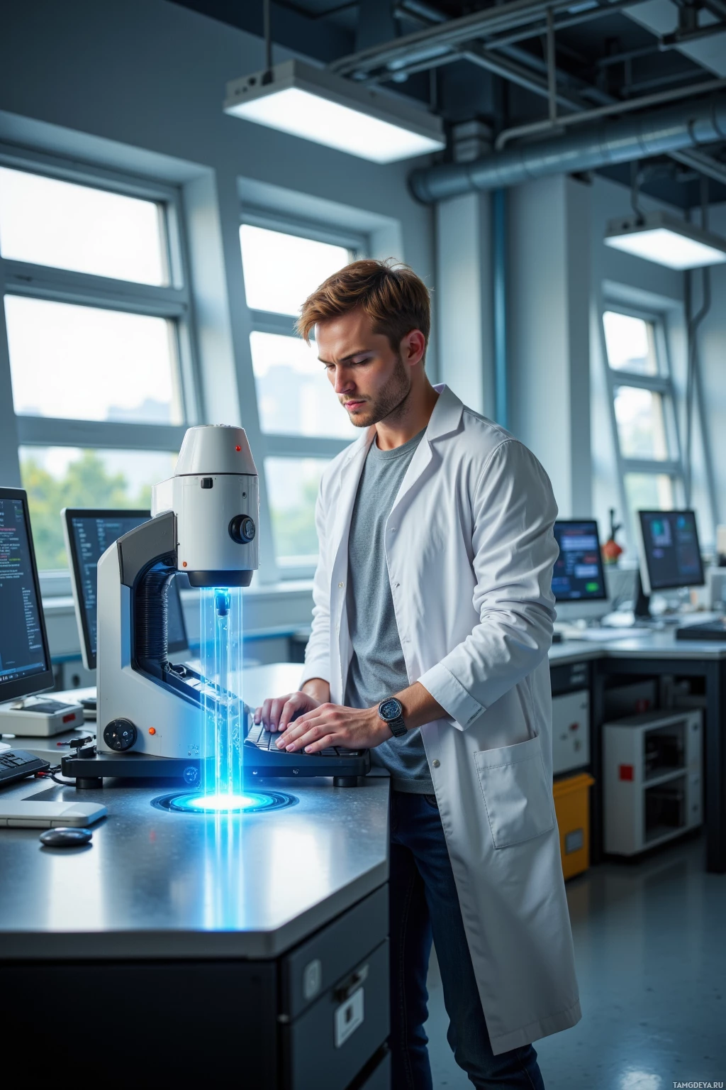 A person in a lab coat is operating a machine with a glowing blue light in a laboratory setting.