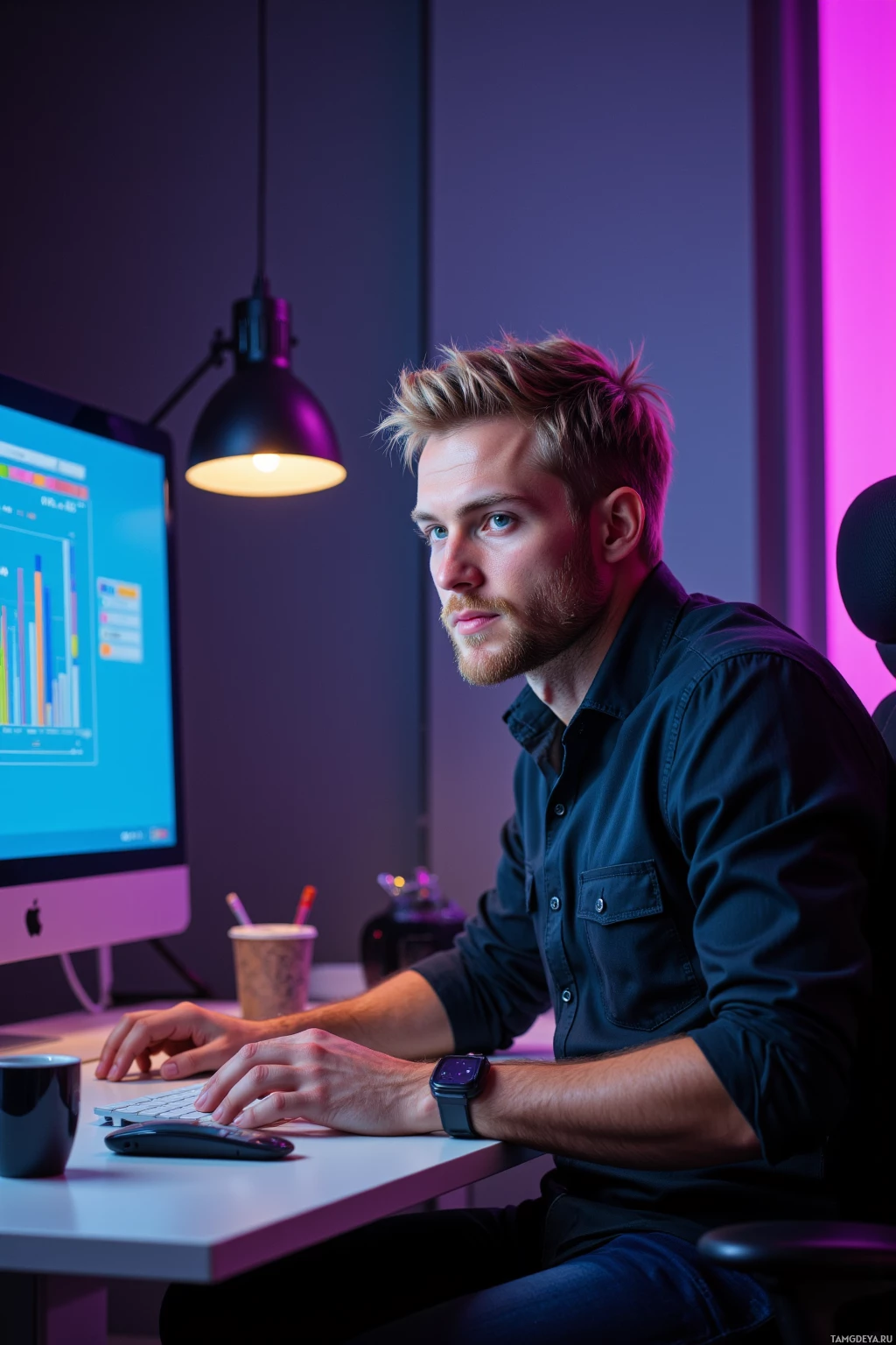 A person is sitting at a desk working on a computer in a dimly lit room with purple lighting.