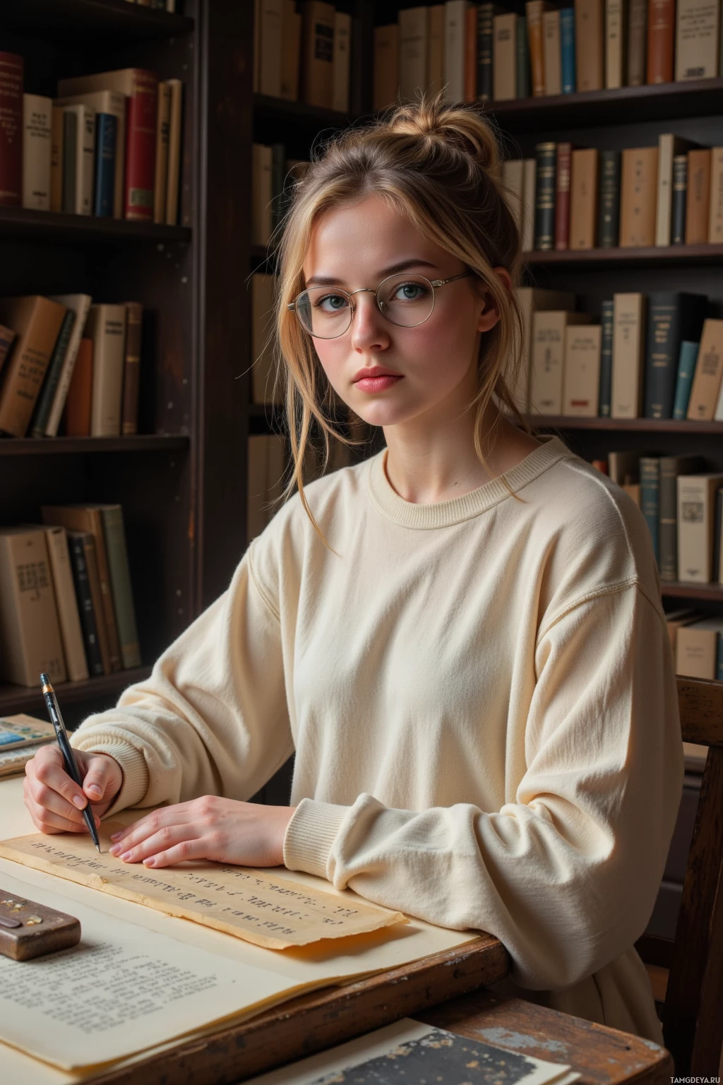 A person wearing glasses and a beige sweater is sitting at a desk with an open book, writing in a notebook.