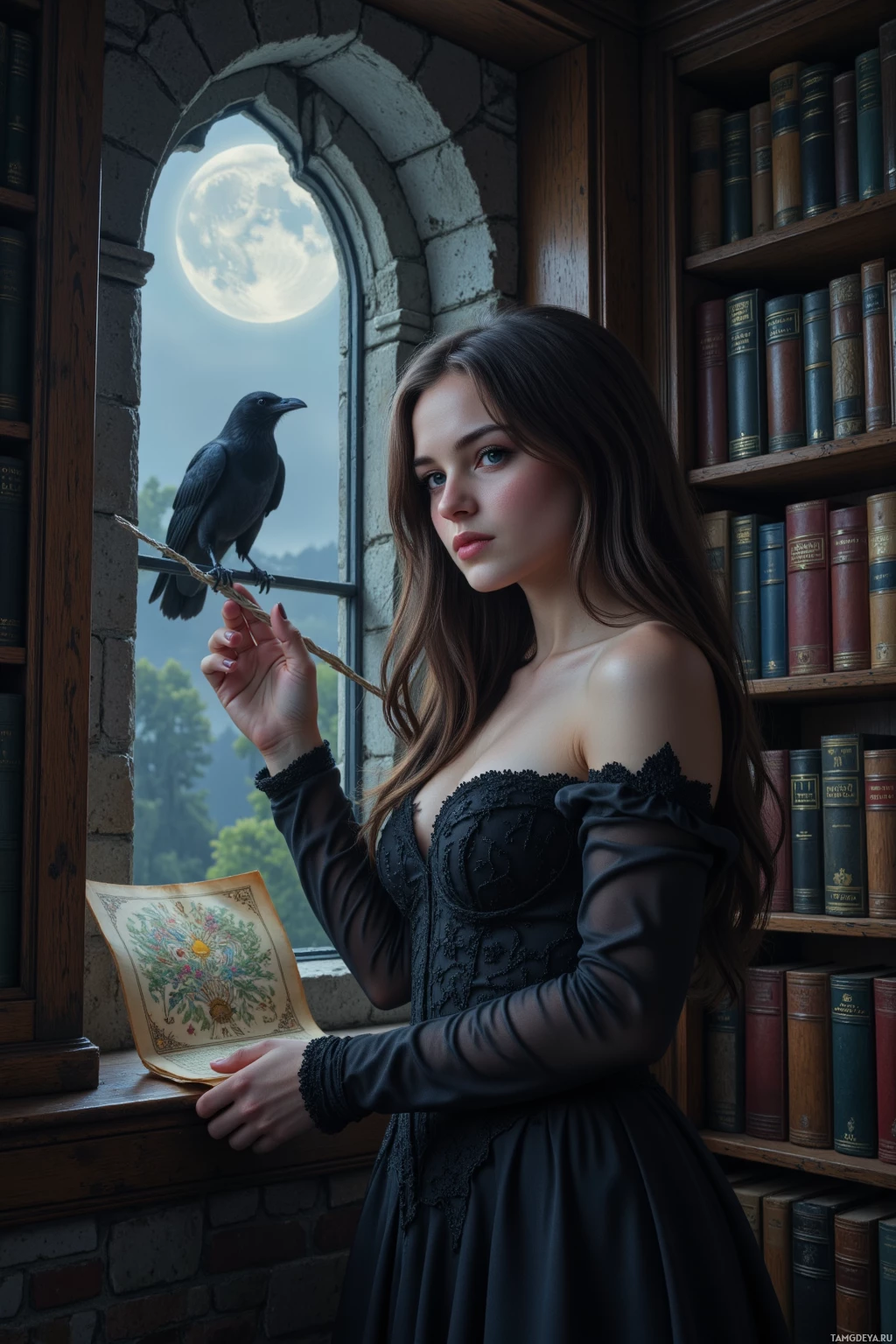 A woman in a black dress stands by a window with a crow perched on the sill, holding an open book.