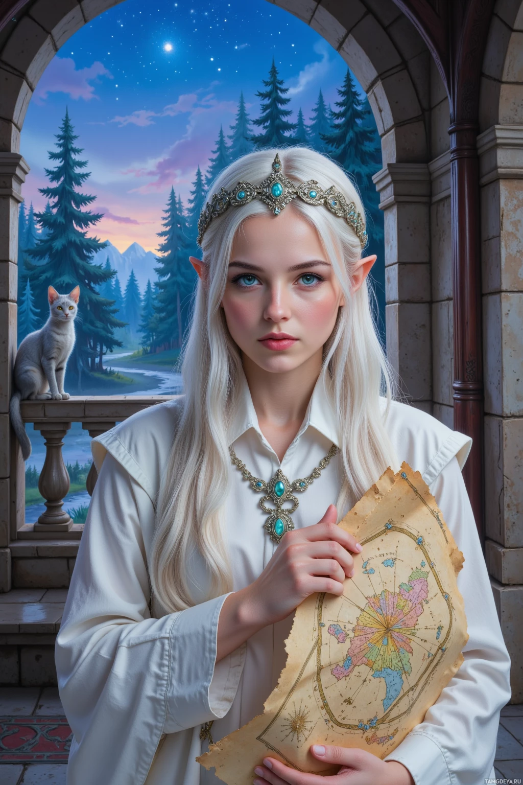 A person with long white hair and pointed ears holds an old map in front of a scenic forest backdrop.