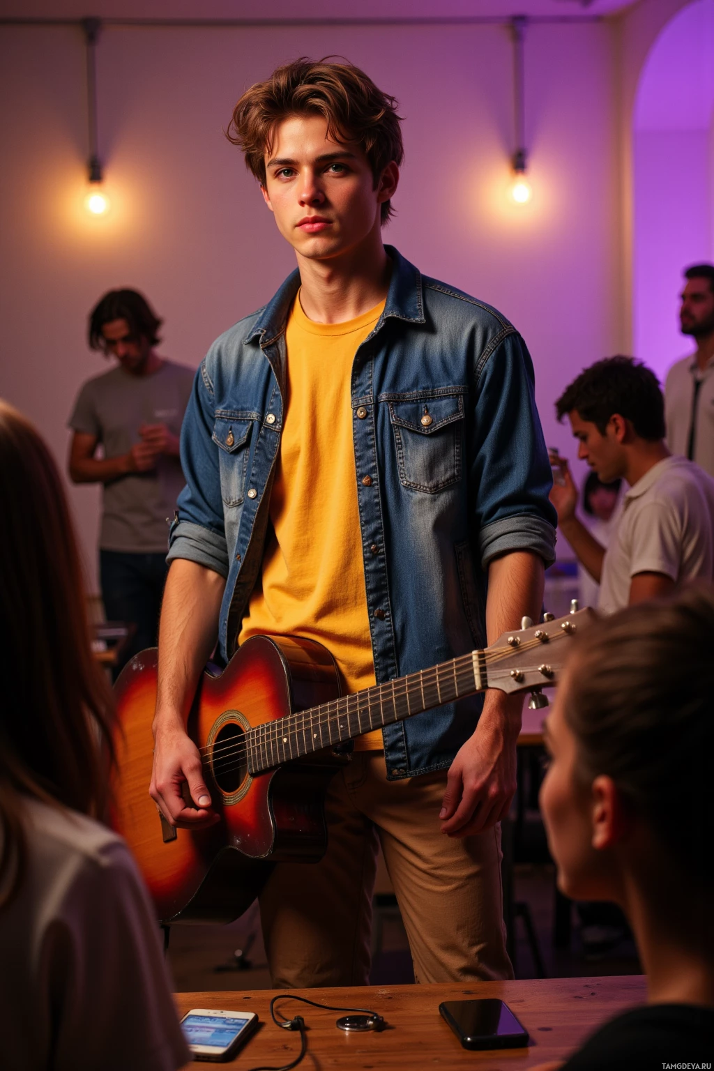 A young man stands holding a guitar in a social setting with others in the background.