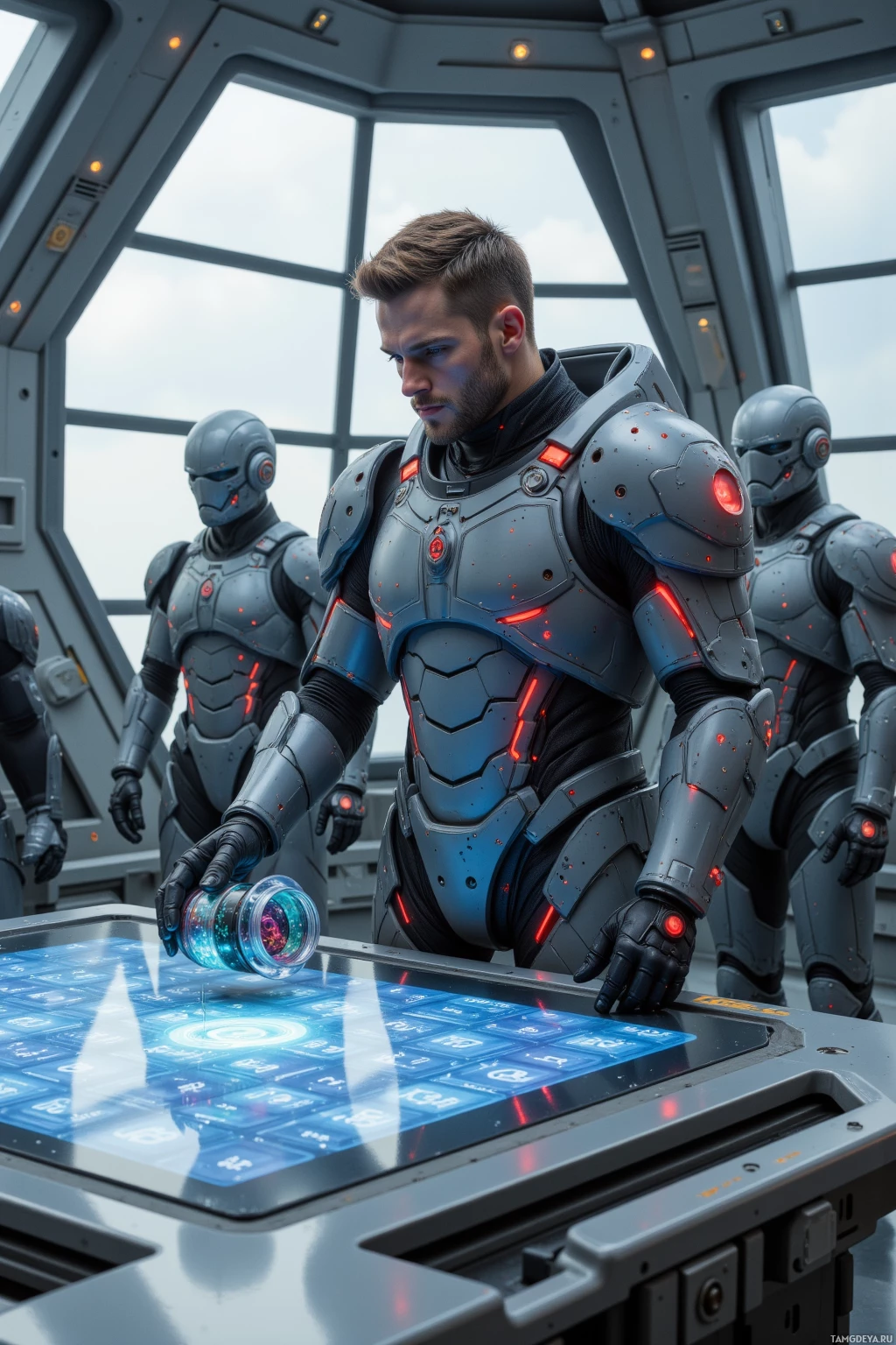 A person in futuristic armor interacts with a high-tech console in a sci-fi setting.