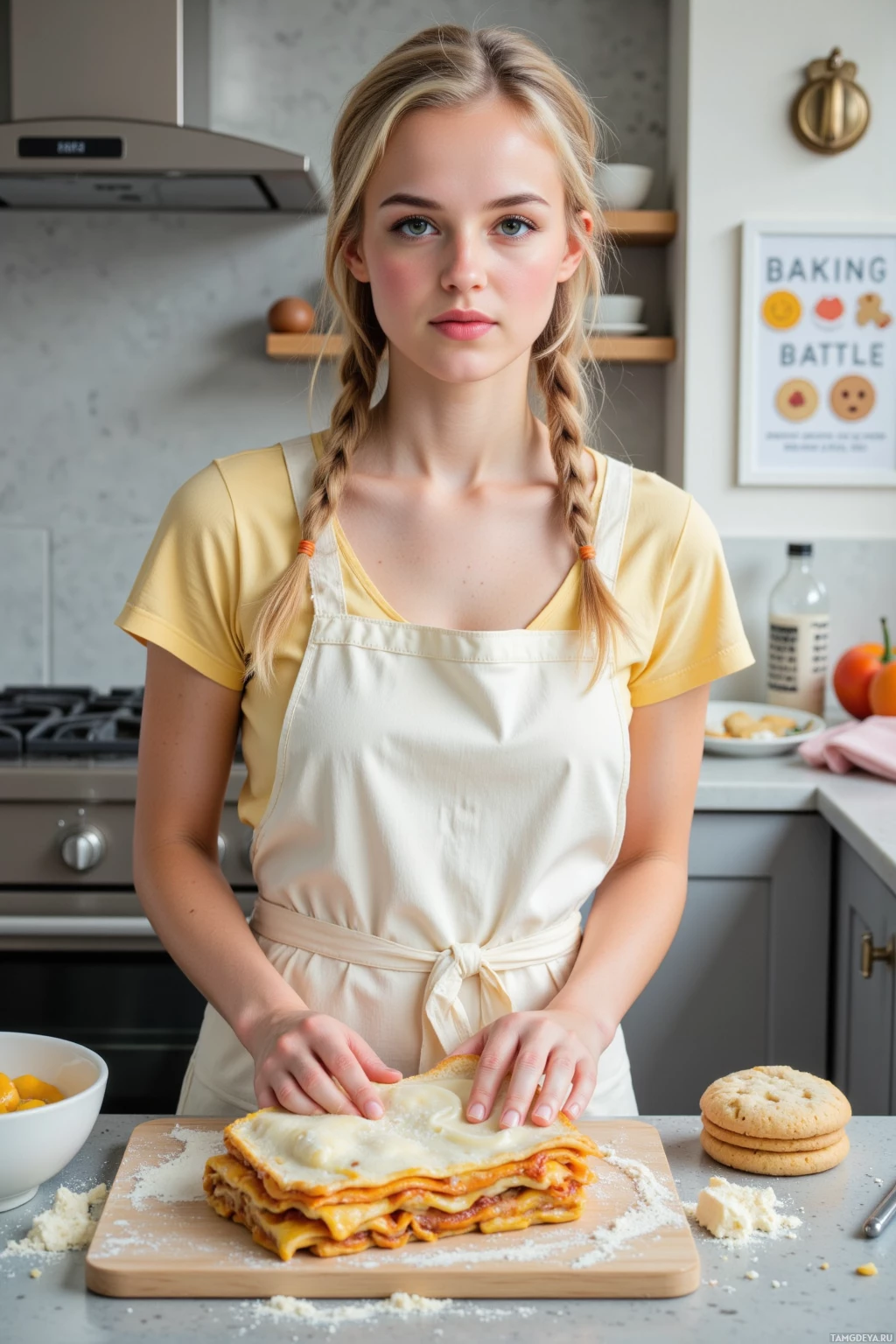 A person wearing an apron prepares lasagna on a wooden cutting board in a kitchen setting.