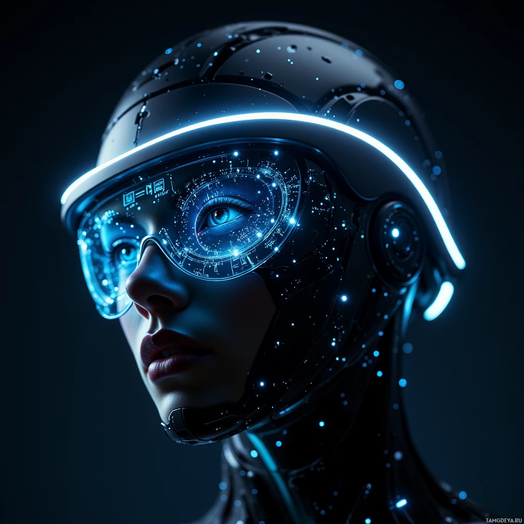 A futuristic helmet with glowing blue lights and intricate designs is worn by an individual against a dark background.