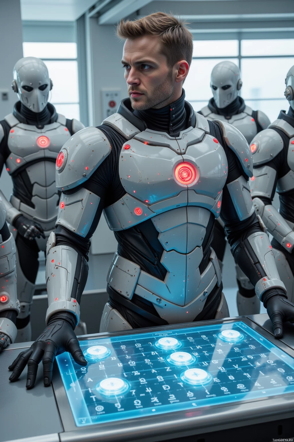 A person in futuristic armor interacts with a high-tech control panel.