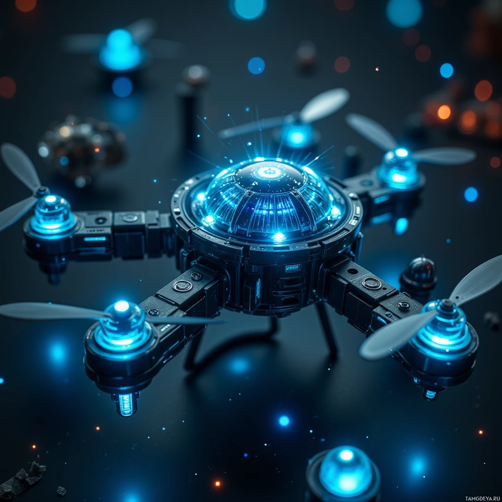 A futuristic drone with glowing blue lights and propellers.