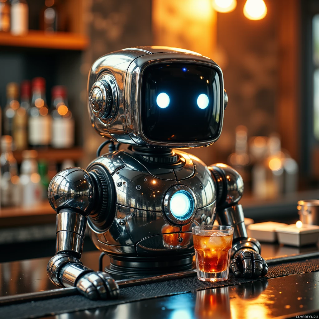 A metallic robot stands behind a bar, holding a glass of amber liquid.