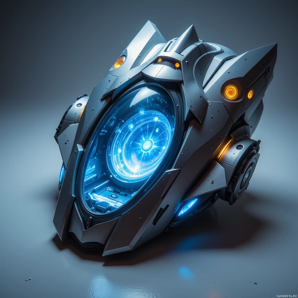 A futuristic vehicle with glowing blue and orange lights.