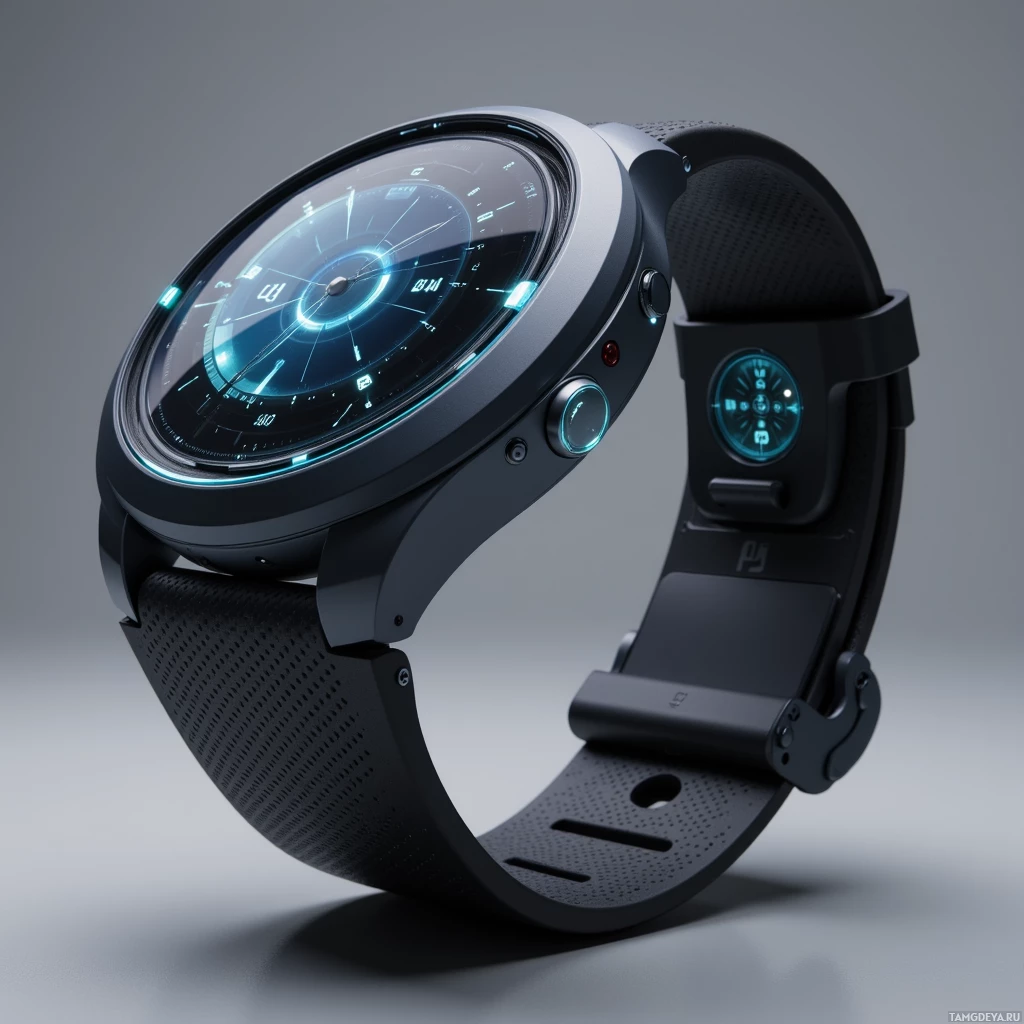A futuristic smartwatch with a sleek design and illuminated display.