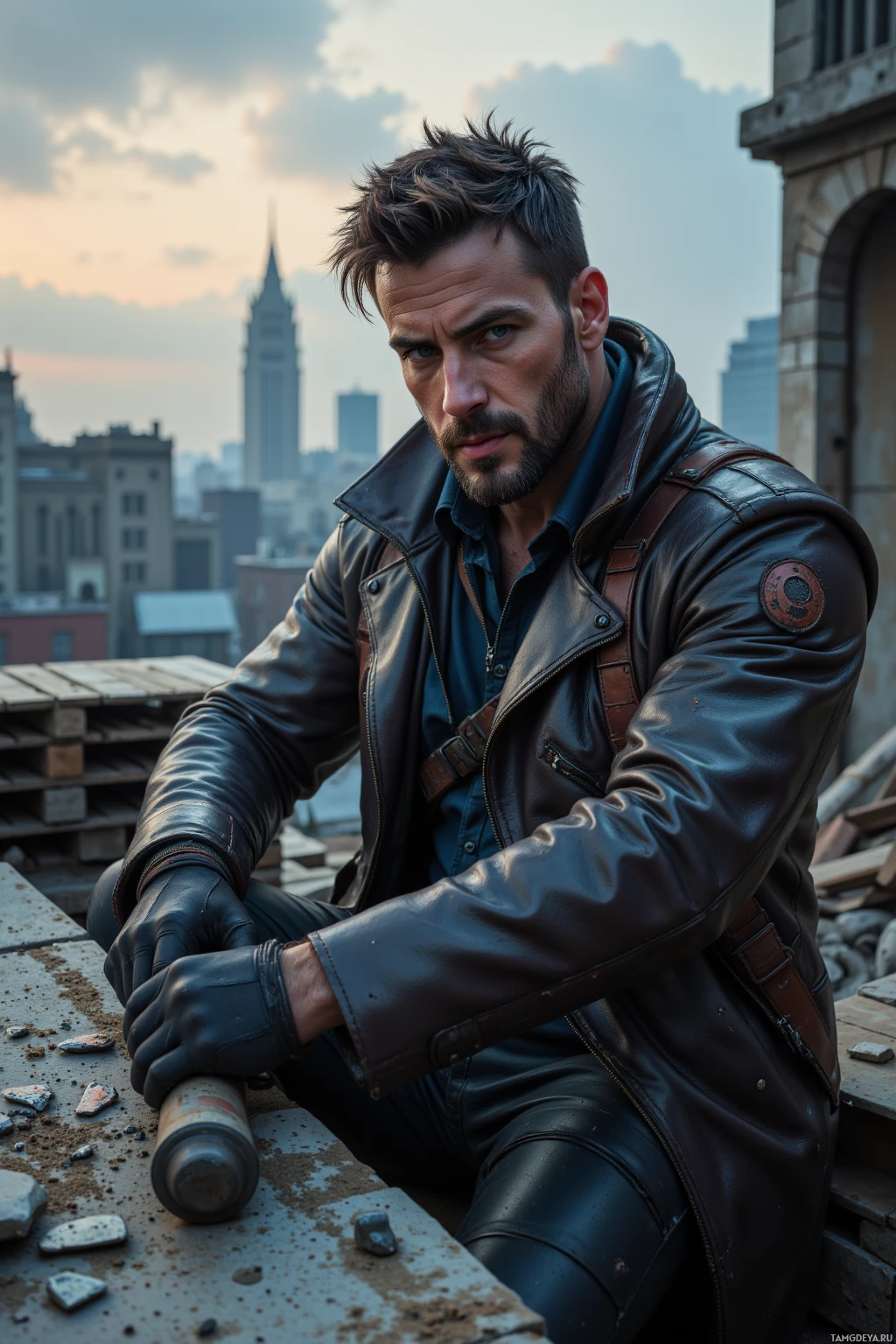 A man in a leather jacket sits on a rooftop with a cityscape in the background.