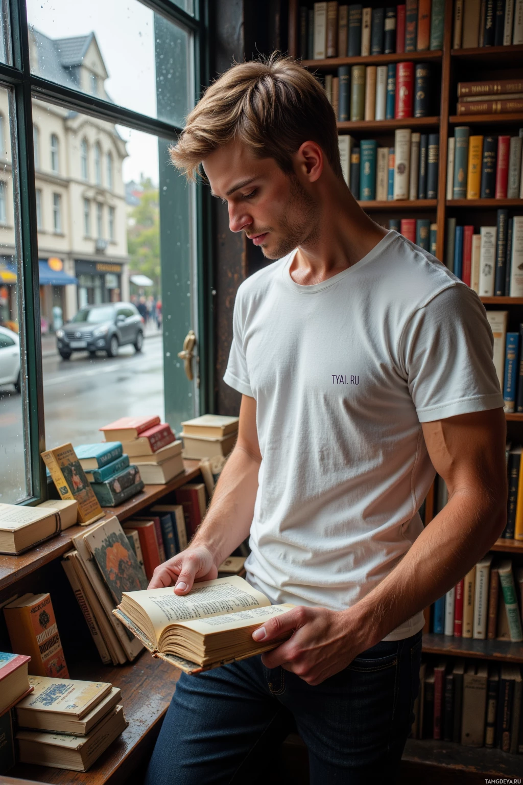 A person stands by a window in a bookstore, reading an open book.