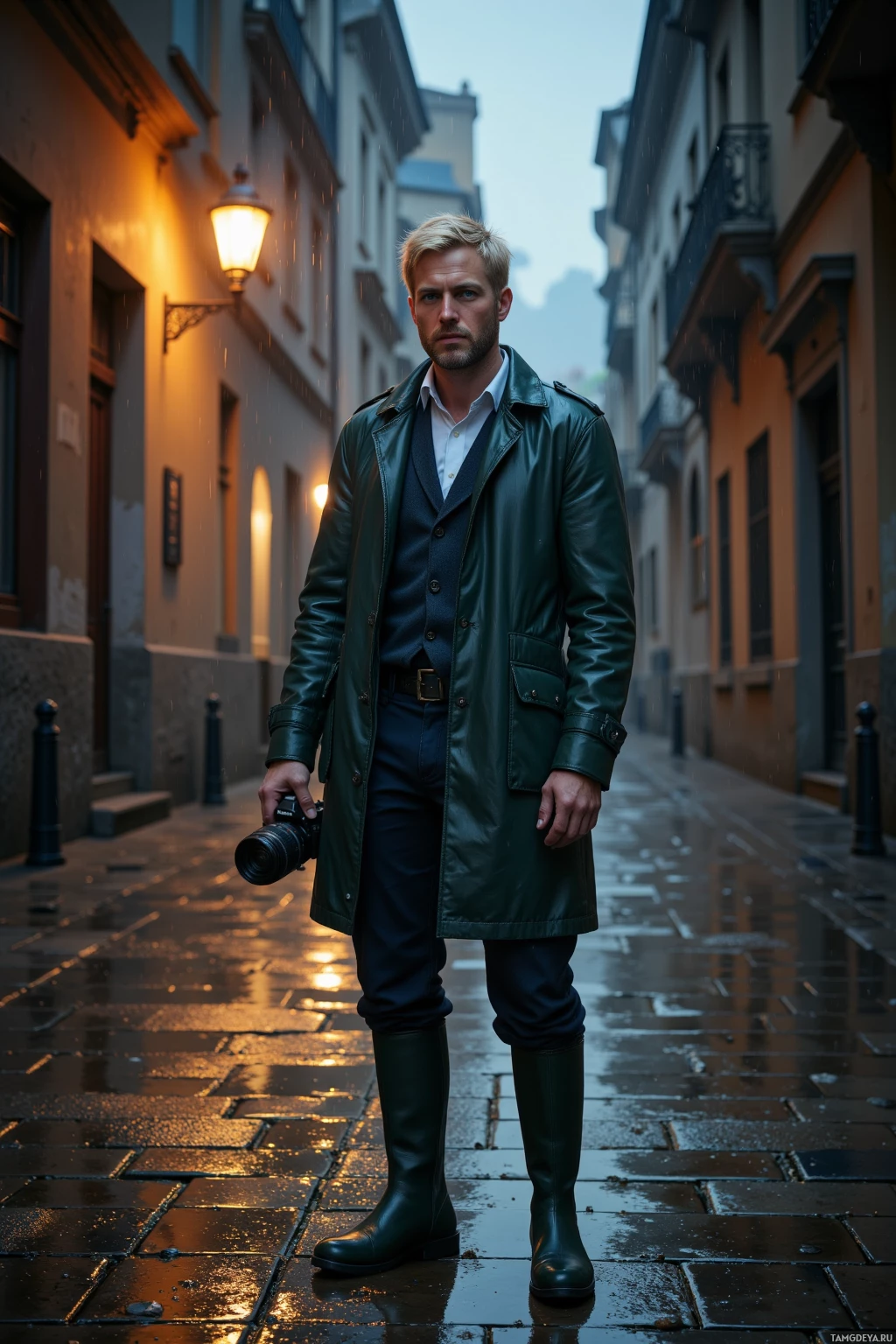 Realistic high quality photo. A 27-year-old man with short blonde hair and piercing blue eyes, pale skin, wearing a dark green raincoat over a white shirt and sturdy rubber boots, standing in a rain-soaked cobblestone alley under a single streetlamp that reflects light in a puddle, holding a camera, late evening, capturing a calm, reflective mood.