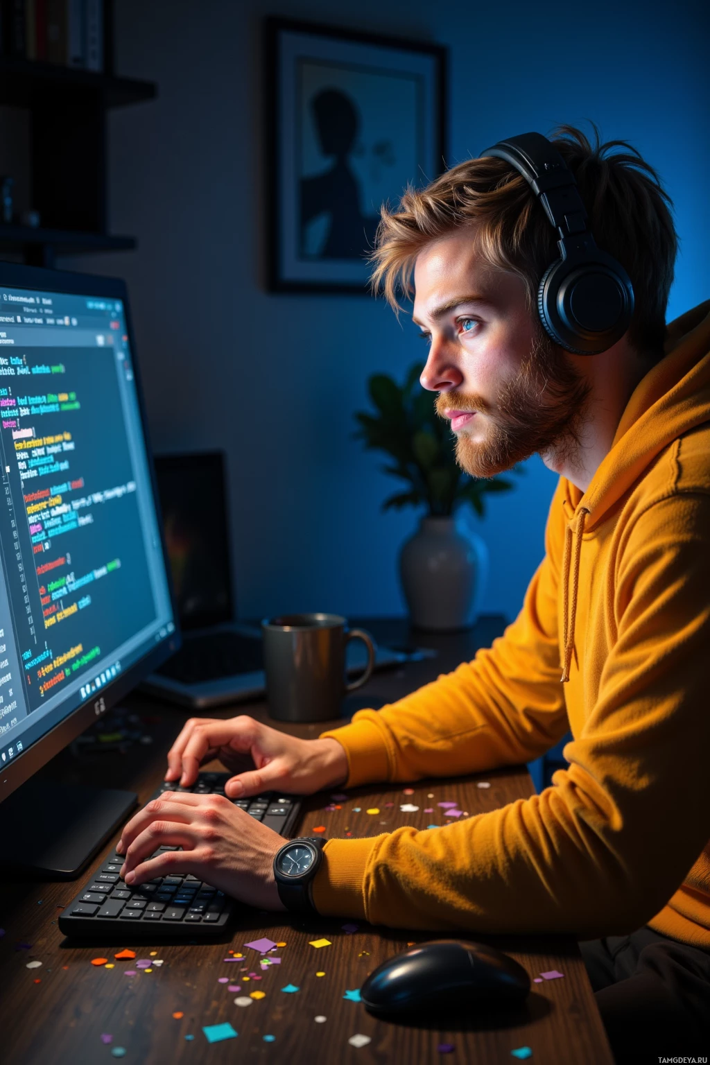 A person wearing headphones works on a computer with colorful confetti scattered on the desk.