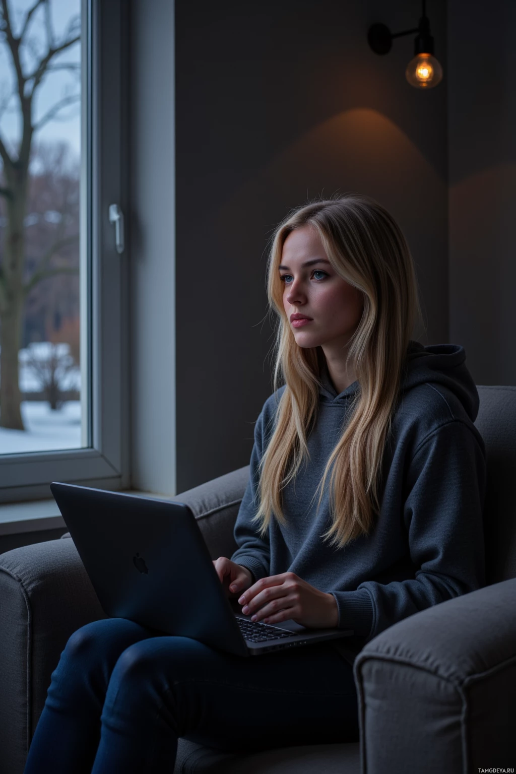 A person wearing a hoodie sits on a chair by a window, using a laptop.