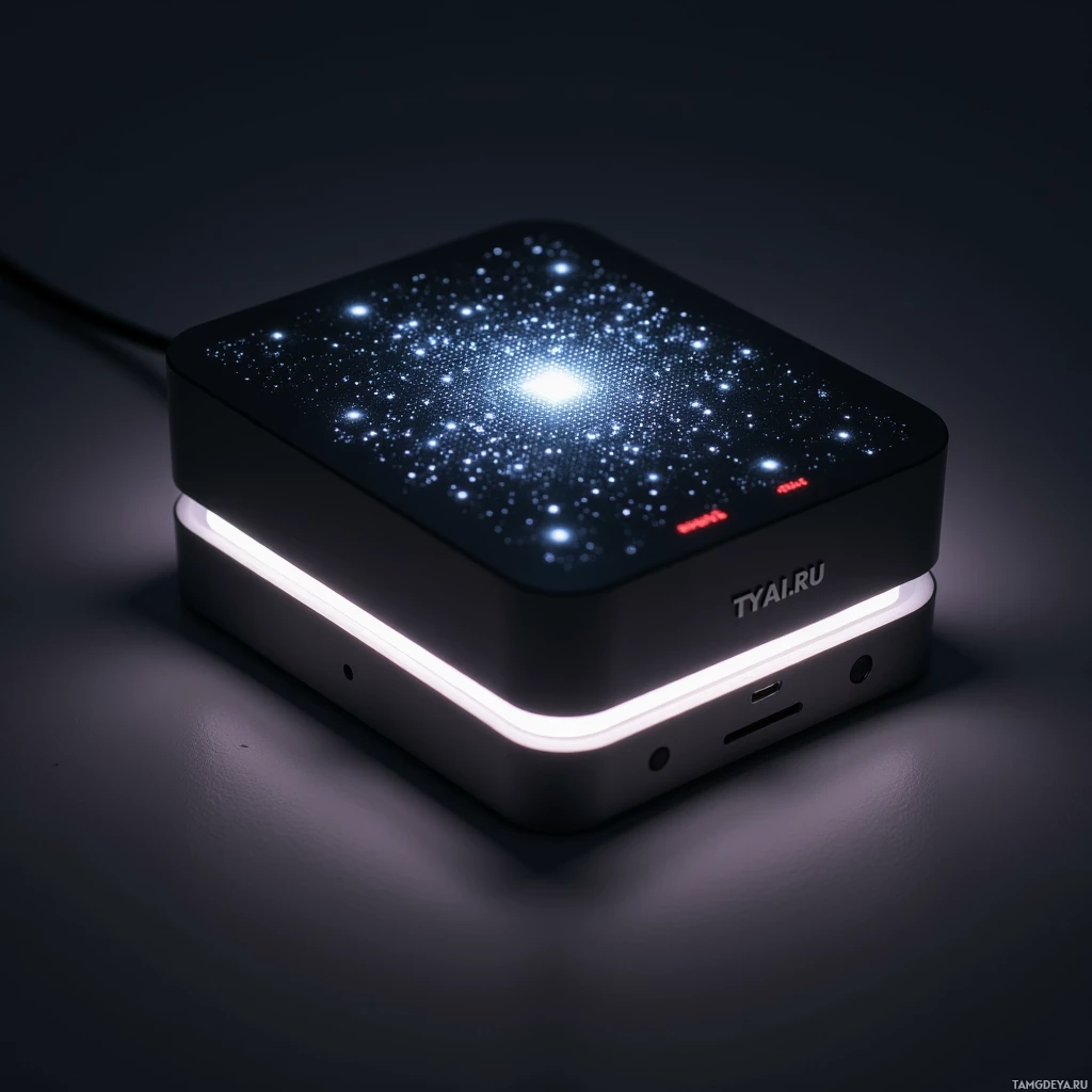 A sleek, black, square device with glowing blue and white lights and a USB port.
