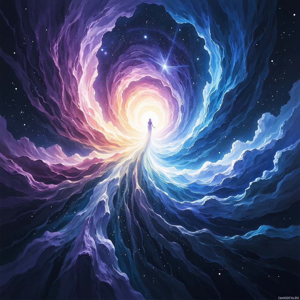 A person stands at the center of a vibrant, swirling vortex of light and color against a starry background.