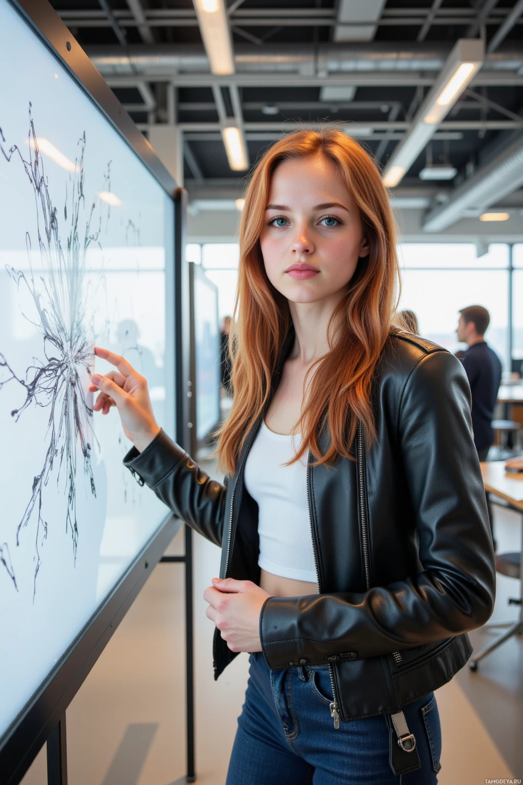 A person in a black leather jacket stands in front of a large screen displaying a neural network diagram.