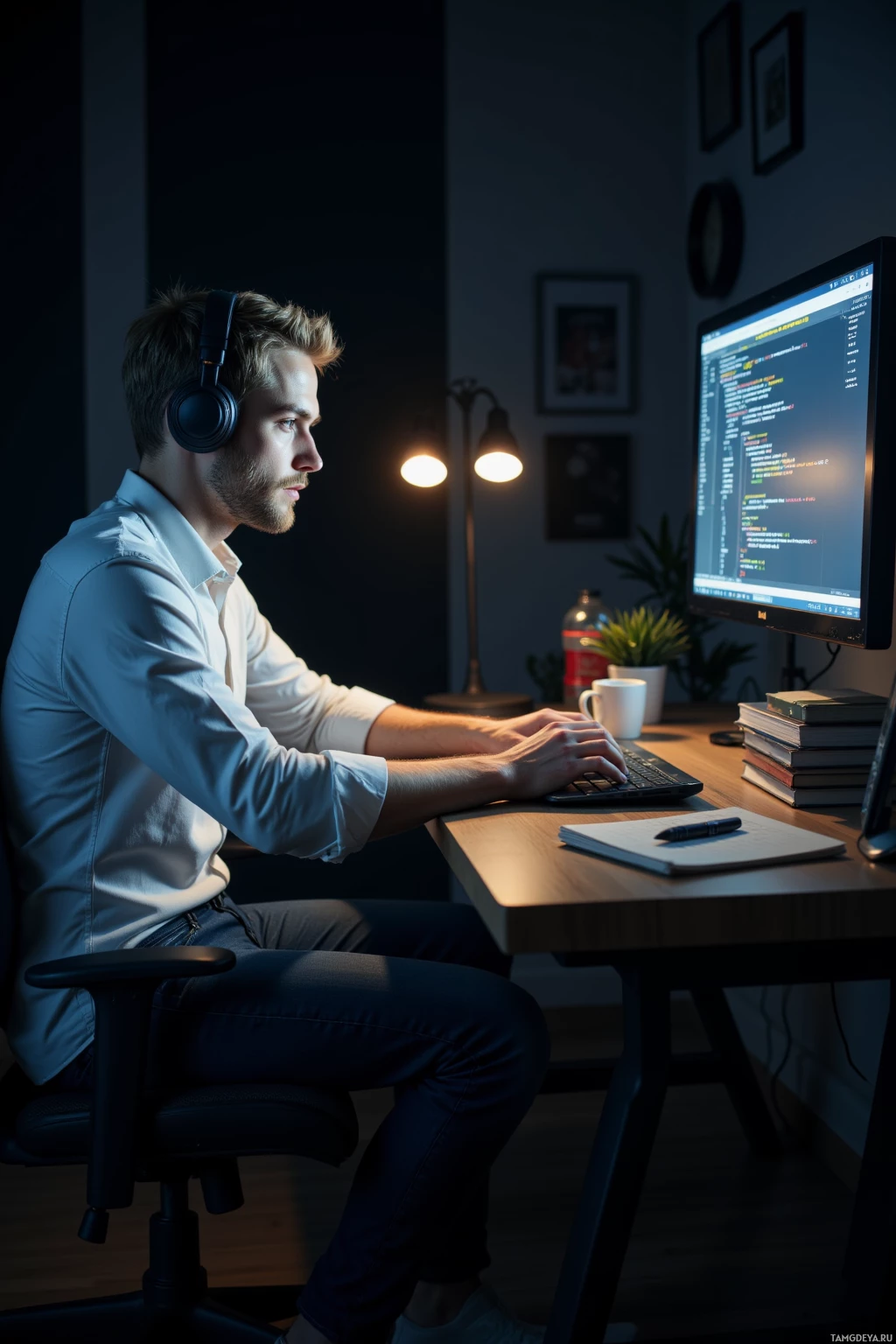 A person wearing headphones works at a desk with a computer displaying code, surrounded by books and a lamp.
