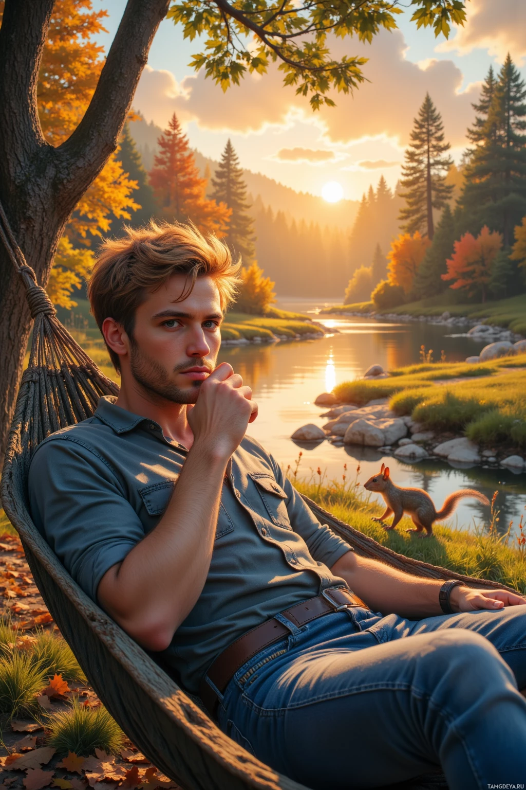 A man relaxes in a hammock by a serene river at sunset with a squirrel nearby.