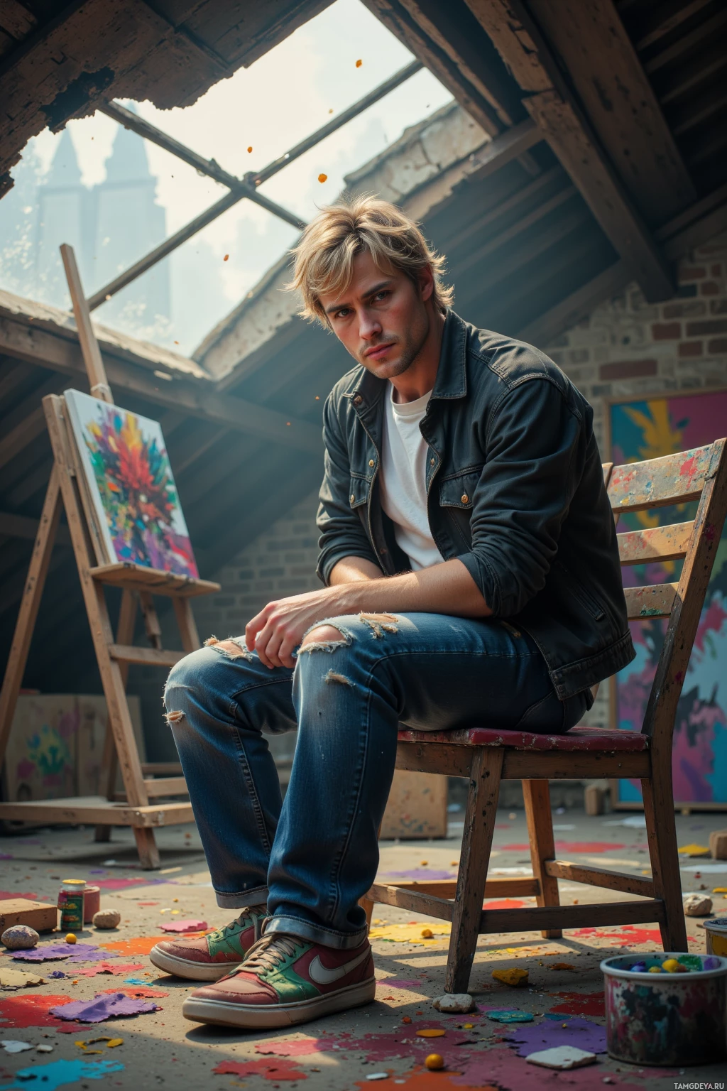 A person sits on a chair in a studio with colorful paint splatters on the floor and artwork in the background.