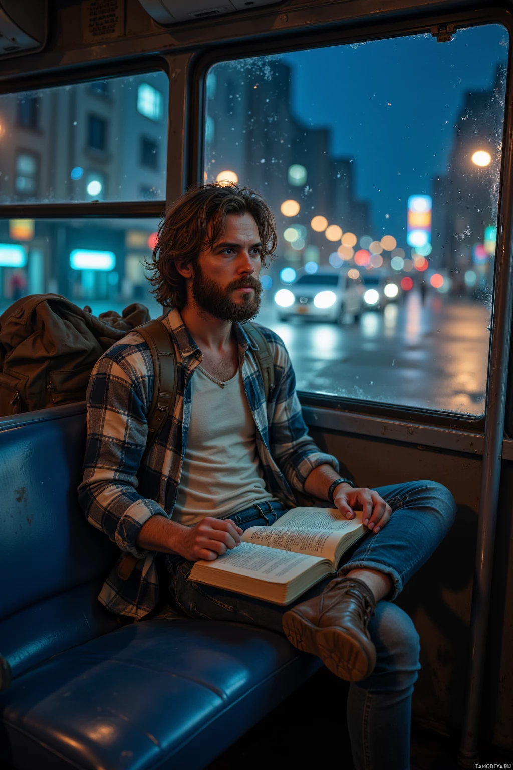 Realistic high quality photo. A rugged man with long, messy dark blonde hair and piercing blue eyes, wearing a faded flannel shirt, worn jeans, and a weathered backpack, sits in the backseat of a night‑time city bus with an open travel journal resting on his lap, gazing out at a dimly lit urban horizon through the window.