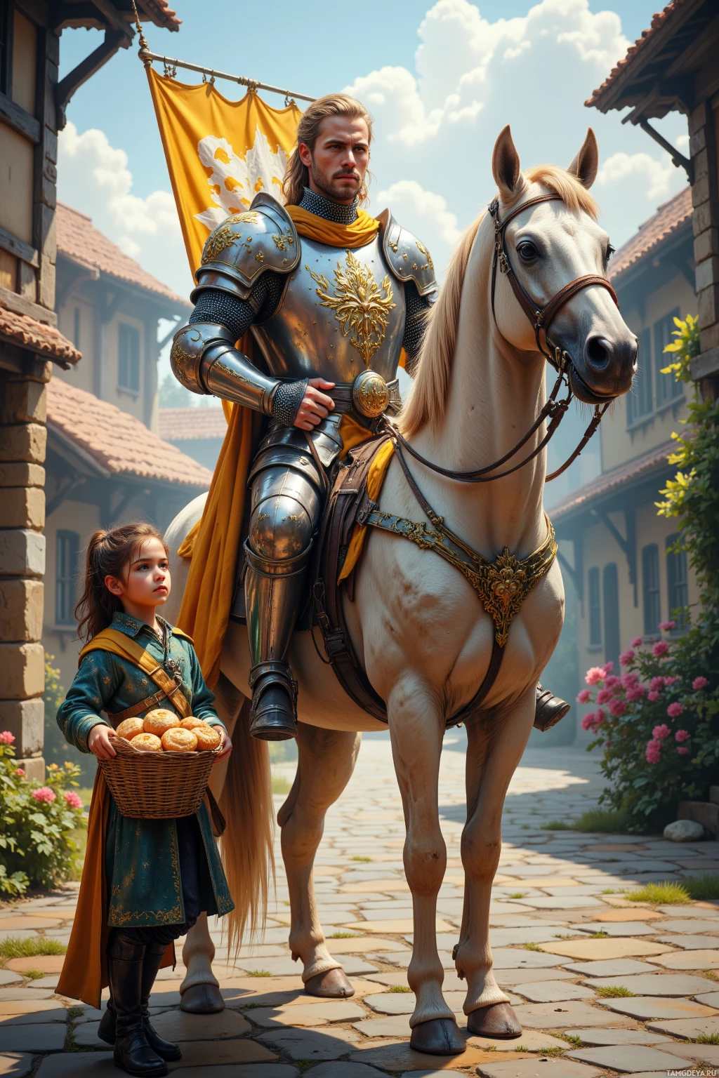 A knight in armor stands beside a horse, accompanied by a young girl holding a basket of bread.