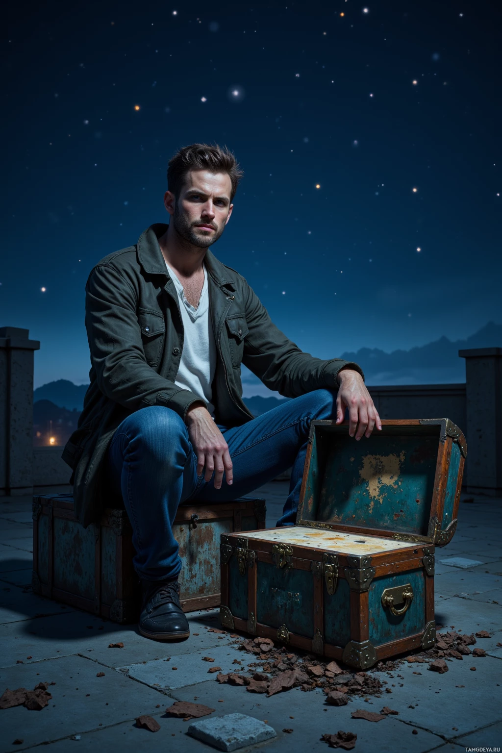 A man sits on an old trunk under a starry night sky.