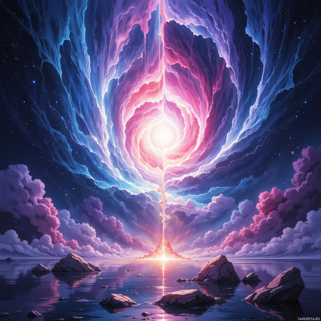 A vibrant cosmic scene with a glowing portal in the sky and rocky formations in the foreground.