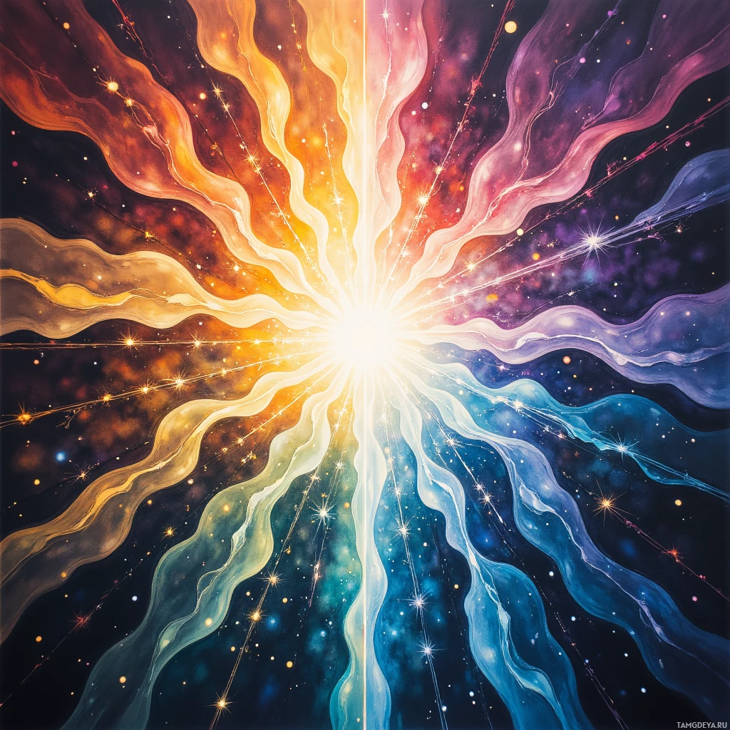 A vibrant cosmic scene with swirling colors and sparkling stars radiating outward from a central light source.