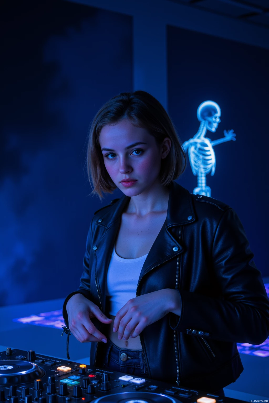 A person in a leather jacket stands behind a DJ mixer with a glowing skeleton in the background.