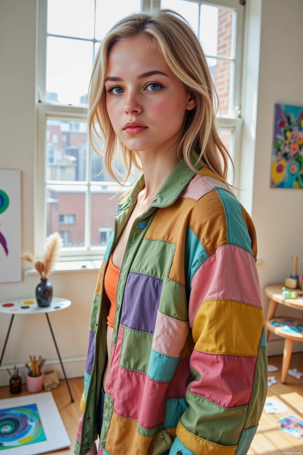A person stands in a room with a colorful patchwork jacket, surrounded by art supplies and artwork.