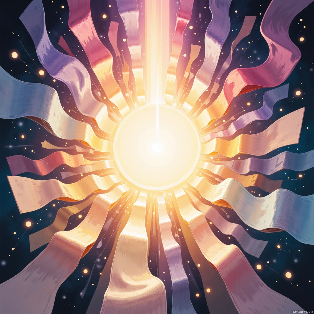 A radiant burst of light with flowing ribbons in shades of pink, purple, and blue against a starry night sky.