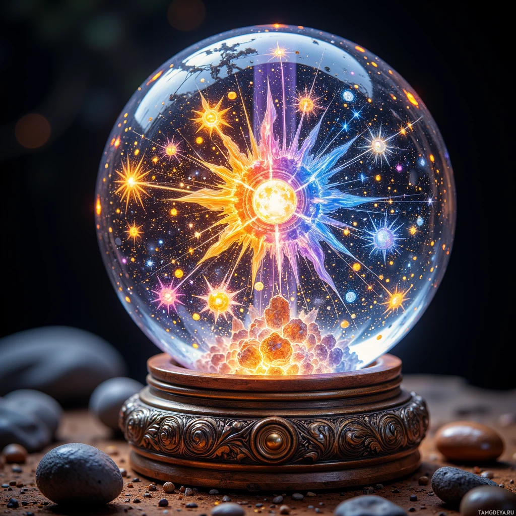 A crystal ball with a cosmic scene inside, featuring a starburst and celestial bodies.